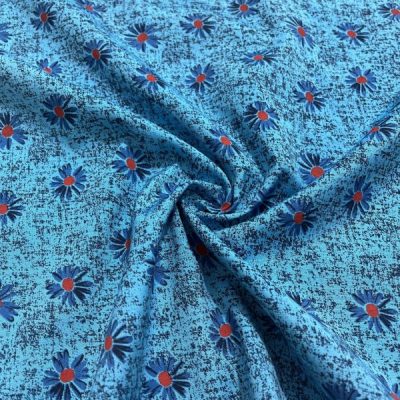 Papatya Desenli Poplin Kumaş Turkuaz