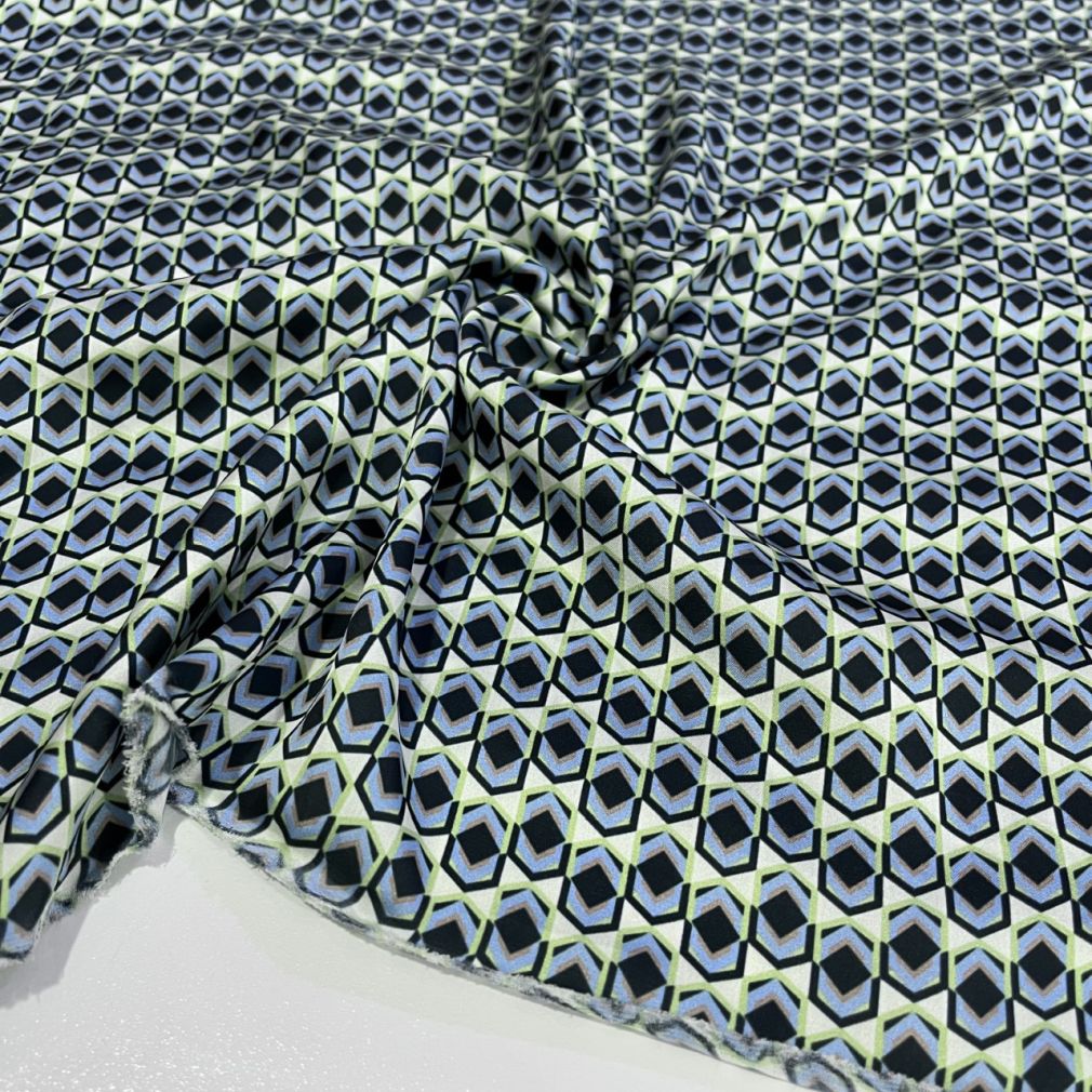 Mavi Yeşil Desenli Saten Krep Kumaş YVZ