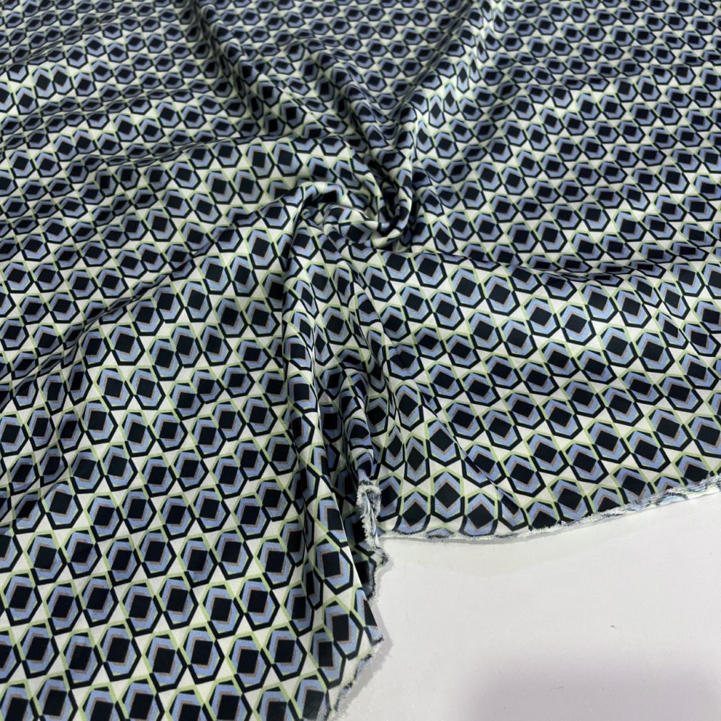 Mavi Yeşil Desenli Saten Krep Kumaş YVZ