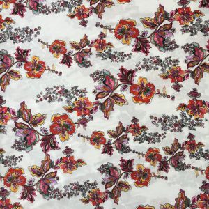 Çiçek Desenli İpeksi Saten Krep Kırmızı