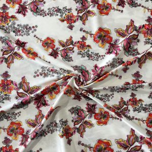 Çiçek Desenli İpeksi Saten Krep Kırmızı