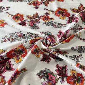 Çiçek Desenli İpeksi Saten Krep Kırmızı