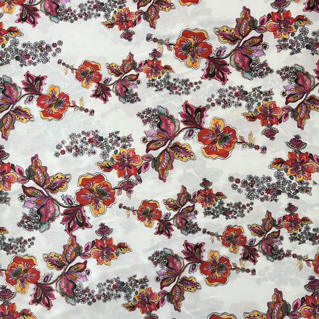 Çiçek Desenli İpeksi Saten Krep Kırmızı