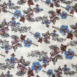 Çiçek Desenli İpeksi Saten Krep Mavi