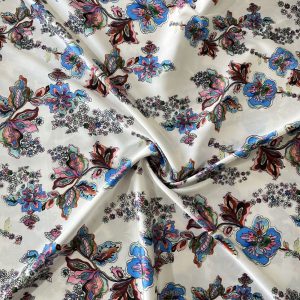 Çiçek Desenli İpeksi Saten Krep Mavi