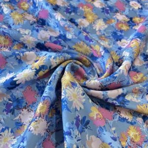 Çiçek Desenli Saten Krep Mavi SRVT