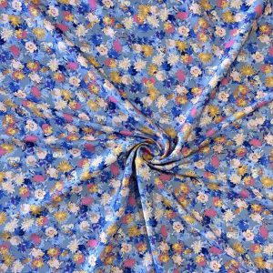 Çiçek Desenli Saten Krep Mavi SRVT