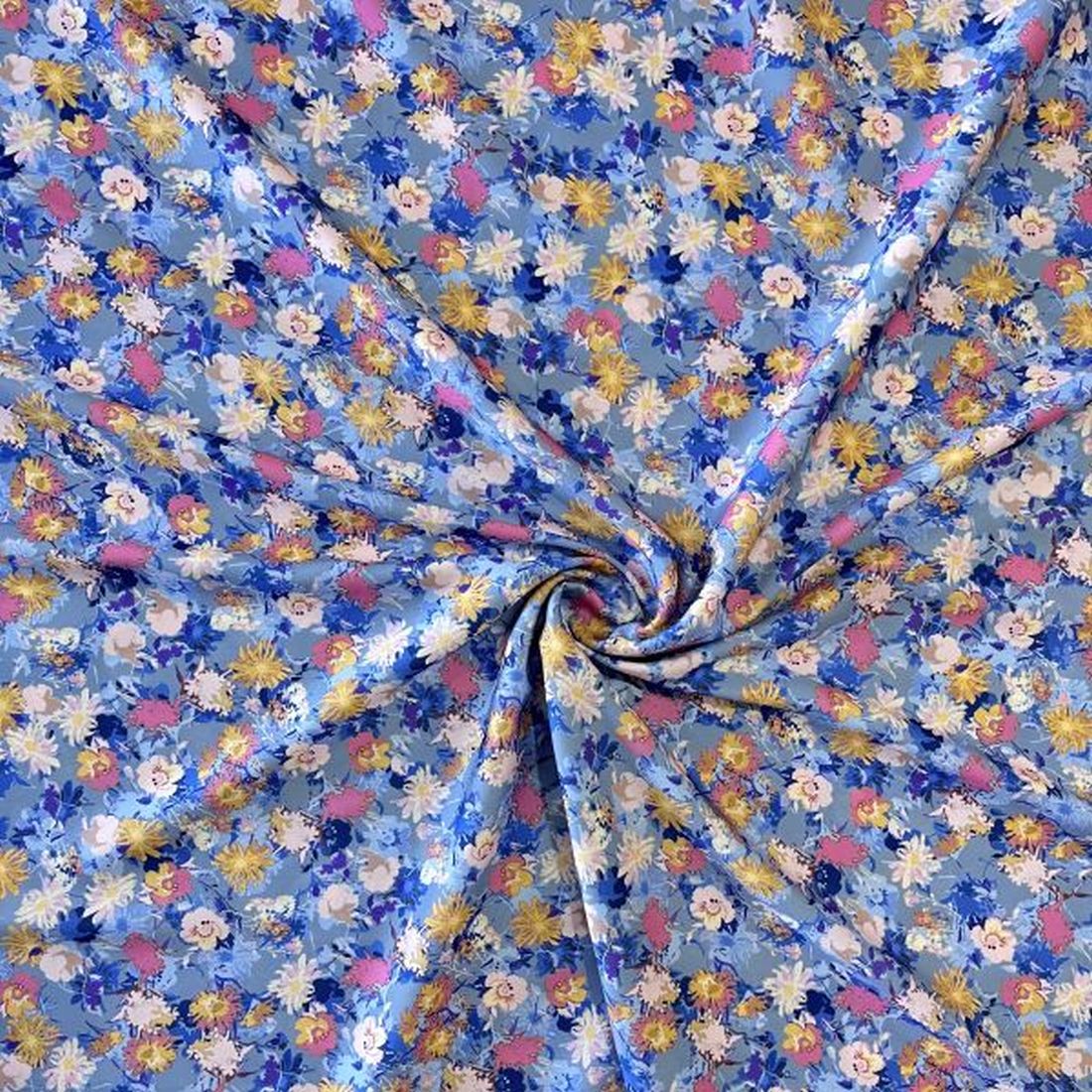 Çiçek Desenli Saten Krep Mavi SRVT