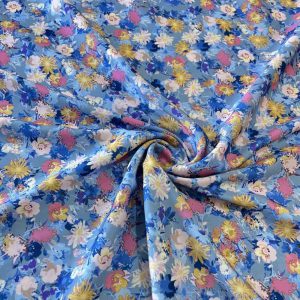 Çiçek Desenli Saten Krep Mavi SRVT