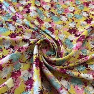 Çiçek Desenli Saten Krep Sarı SRVT