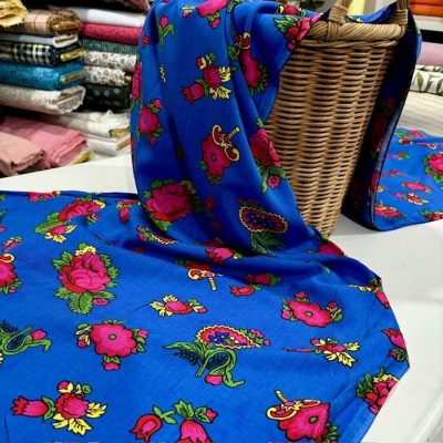 Etnik Desenli Viskon Kumaş Mavi