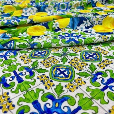 Dolce Gabbana Lemon Blue Keten Kumaş