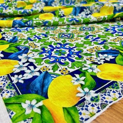 Dolce Gabbana Lemon Blue Keten Kumaş