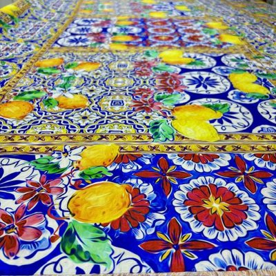 Dolce Gabbana Limonlu Mavi Jorjet Krep Kumaş