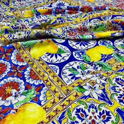 Dolce Gabbana Limonlu Mavi Jorjet Krep Kumaş