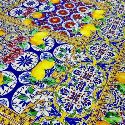 Dolce Gabbana Limonlu Mavi Jorjet Krep Kumaş