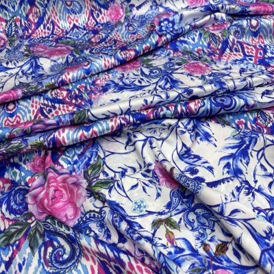 Dolce Gabbana Mavi Pembe Gül İpeksi Saten Kumaş