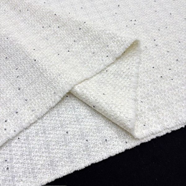 Ekru Beyaz Parıltılı Pullu Tweed Kumaş SRVT