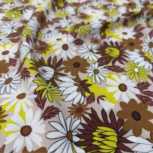 Kahve Sarı Papatya Çiçekli Viskon Kumaş YVZ