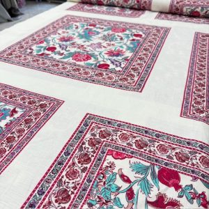 Otantik Pembe Çiçek Pano Desenli %100 Keten Kumaş BYR