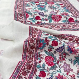 Otantik Pembe Çiçek Pano Desenli %100 Keten Kumaş BYR