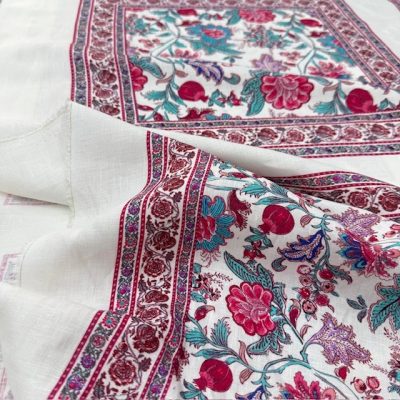 Otantik Pembe Çiçek Pano Desenli %100 Keten Kumaş BYR