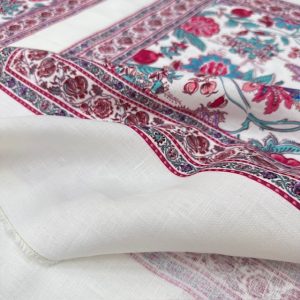 Otantik Pembe Çiçek Pano Desenli %100 Keten Kumaş BYR