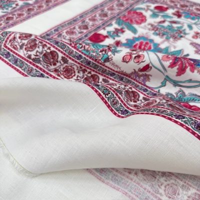 Otantik Pembe Çiçek Pano Desenli %100 Keten Kumaş BYR
