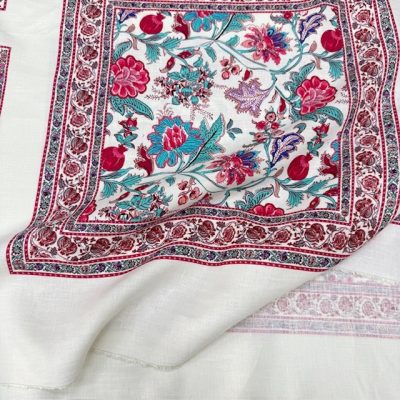 Otantik Pembe Çiçek Pano Desenli %100 Keten Kumaş BYR