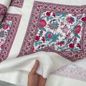 Otantik Pembe Çiçek Pano Desenli %100 Keten Kumaş BYR