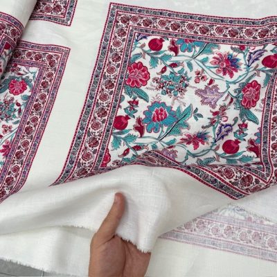 Otantik Pembe Çiçek Pano Desenli %100 Keten Kumaş BYR