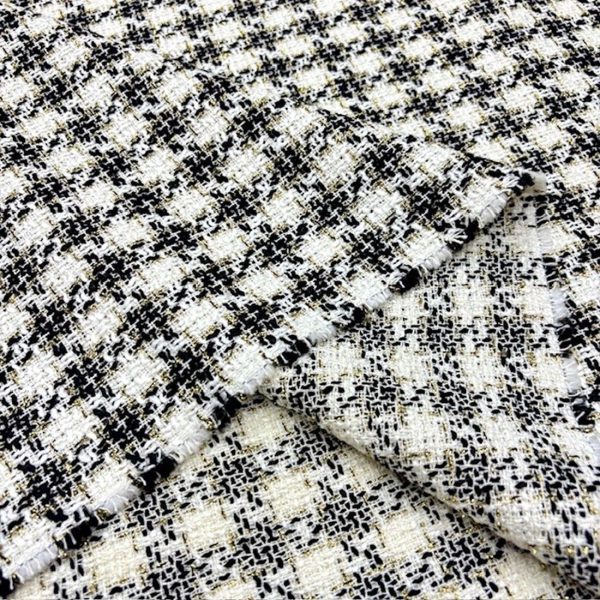 Siyah Beyaz Altın Simli Tweed Kumaş