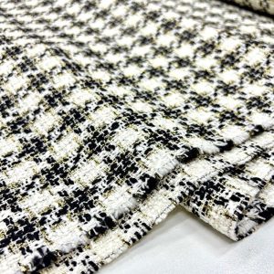 Siyah Beyaz Altın Simli Tweed Kumaş