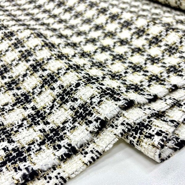 Siyah Beyaz Altın Simli Tweed Kumaş
