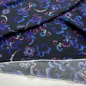 Mor Mavi Siyah Desenli Viskon Kumaş