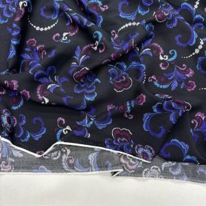 Mor Mavi Siyah Desenli Viskon Kumaş